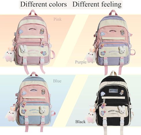 حقيبة ظهر YJMKOI Kawaii Girl مع قلادة دمية قطيفة لطيفة وحقيبة مدرسية ابتدائية لطيفة، حقيبة ظهر جمالية للفتيات المراهقات (أسود) in Kuwait