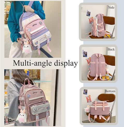حقيبة ظهر YJMKOI Kawaii Girl مع قلادة دمية قطيفة لطيفة وحقيبة مدرسية ابتدائية لطيفة، حقيبة ظهر جمالية للفتيات المراهقات (أسود) in Kuwait
