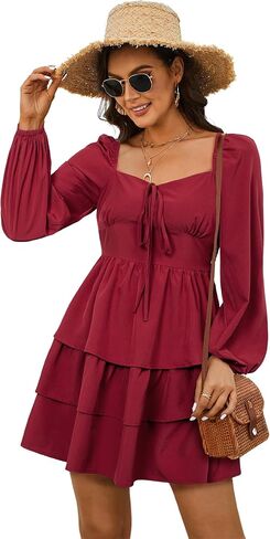 فستان نسائي قصير بأكمام طويلة، فستان كاجوال بكشكشة متدرجة ومزين بالزهور، برقبة مربعة، فساتين قصيرة in Kuwait