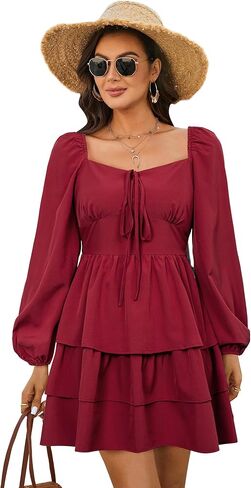 فستان نسائي قصير بأكمام طويلة، فستان كاجوال بكشكشة متدرجة ومزين بالزهور، برقبة مربعة، فساتين قصيرة in Kuwait