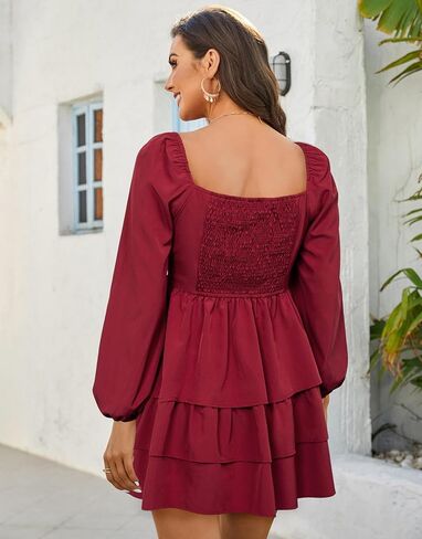 فستان نسائي قصير بأكمام طويلة، فستان كاجوال بكشكشة متدرجة ومزين بالزهور، برقبة مربعة، فساتين قصيرة in Kuwait