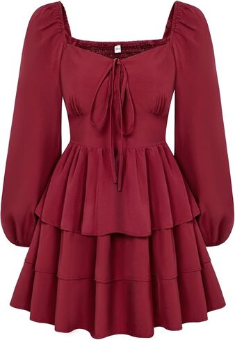 فستان نسائي قصير بأكمام طويلة، فستان كاجوال بكشكشة متدرجة ومزين بالزهور، برقبة مربعة، فساتين قصيرة in Kuwait