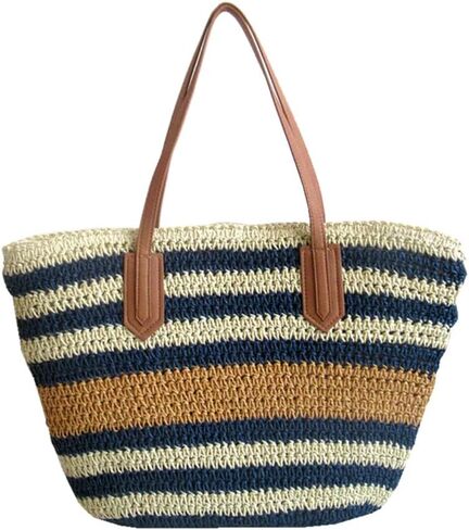 شنطة توت للشاطئ من بوركبورغ، شنطة كتف صيفية منسوجة بسحاب بتصميم مخطط، كحلي in Kuwait