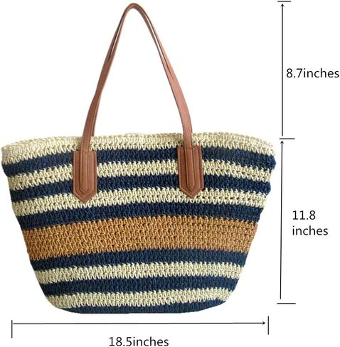 شنطة توت للشاطئ من بوركبورغ، شنطة كتف صيفية منسوجة بسحاب بتصميم مخطط، كحلي in Kuwait