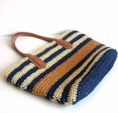 شنطة توت للشاطئ من بوركبورغ، شنطة كتف صيفية منسوجة بسحاب بتصميم مخطط، كحلي in Kuwait