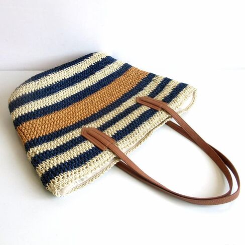 شنطة توت للشاطئ من بوركبورغ، شنطة كتف صيفية منسوجة بسحاب بتصميم مخطط، كحلي in Kuwait
