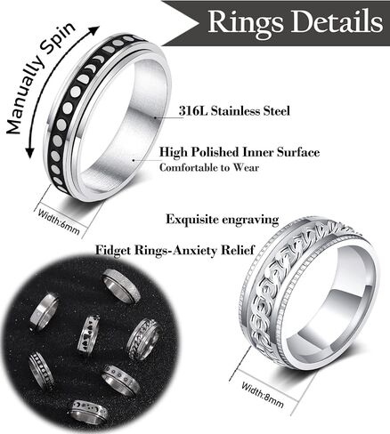 حلقات تململ من الفولاذ المقاوم للصدأ من KOHOTA للنساء والرجال، حلقات القلق على شكل نجمة القمر، حلقات دوارة على شكل زهرة من أجل القلق وتخفيف التوتر، مجموعة حلقات مقاس 6-10 in Kuwait