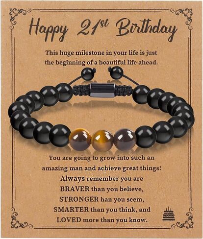 هدية سوار عيد الميلاد الحادي والعشرين من JUSTOTRY له - عين النمر مع سوار العقيق الأسود مقاس 5-11 بوصة مثالي لهدية عيد ميلاد الرجل مع بطاقة شفاء مثالية 21 هدية in Kuwait