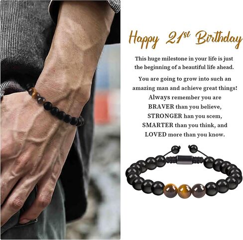 هدية سوار عيد الميلاد الحادي والعشرين من JUSTOTRY له - عين النمر مع سوار العقيق الأسود مقاس 5-11 بوصة مثالي لهدية عيد ميلاد الرجل مع بطاقة شفاء مثالية 21 هدية in Kuwait