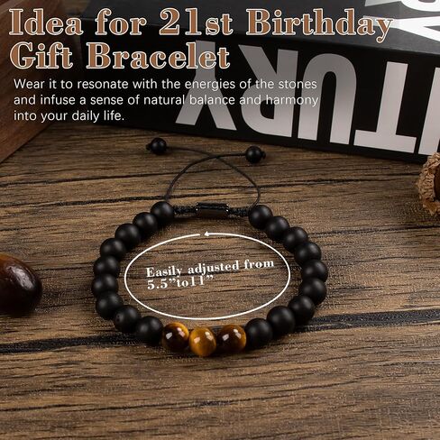 هدية سوار عيد الميلاد الحادي والعشرين من JUSTOTRY له - عين النمر مع سوار العقيق الأسود مقاس 5-11 بوصة مثالي لهدية عيد ميلاد الرجل مع بطاقة شفاء مثالية 21 هدية in Kuwait