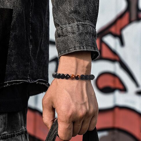 هدية سوار عيد الميلاد الحادي والعشرين من JUSTOTRY له - عين النمر مع سوار العقيق الأسود مقاس 5-11 بوصة مثالي لهدية عيد ميلاد الرجل مع بطاقة شفاء مثالية 21 هدية in Kuwait