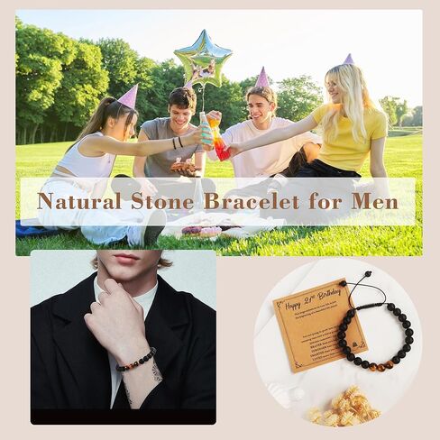 هدية سوار عيد الميلاد الحادي والعشرين من JUSTOTRY له - عين النمر مع سوار العقيق الأسود مقاس 5-11 بوصة مثالي لهدية عيد ميلاد الرجل مع بطاقة شفاء مثالية 21 هدية in Kuwait