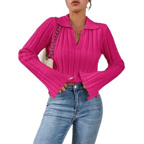 GORGLITTER Women's Bell Long Sleeve Ribbed Knit Sweater Slit Side Collar V Neck Casual Shirt Top