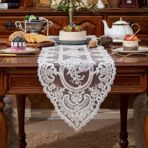SUTAVIA Floral Lace Table Runner White Embroidery Dresser Scarf Gauze Fabric Rustic Table Runners Elegant Chic Table Decor Piano Cover for Home Holiday Wedding Party Daily (White Rose, 13"x36")