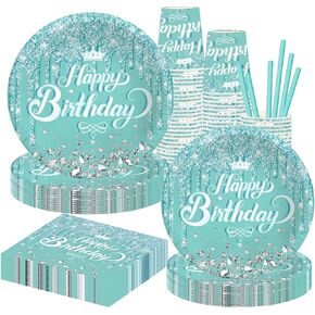 Teal and Silver Party Tableware -Complete Pack Teal and Silver Birthday Party Supplies Including Teal and Silver Plates, Cups, Napkins Straws for Birthday, Baby Shower Party