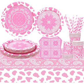 Pink Bandana Western Party Supplies, Paisley Cowgirl Party Decoration, Bandana Western Party Tableware Set including Plate, Cup, Napkin, Straw, Tablecloth - Serves 20 (6-20)