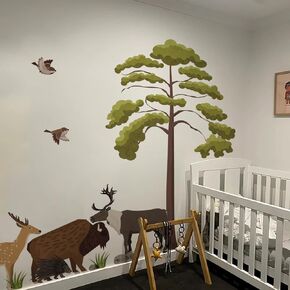 Huge Mid Century Modern Wall Mural Sticker Peel and Stick, Transparent PVC Deer Wallpaper Wall Decal, Nursery Woodland Animals Wall Art Decor for Boys Bedroom Playroom Kids Room Living Room