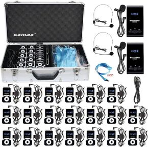 EXMAX Church Translation System Tour Guide Solutions for Social Distancing at Work ATG-100T 195MHz for Meeting Tour Group Exhibition(2 Transmitters & 20 Receivers + Aluminium Alloy Charge Case)