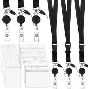3 Pack Retractable Badge Lanyards and ID Badge Holder, Cruise Lanyard with Detachable Buckle & Vertical/Horizontal Waterproof Clear ID Hoder for Keys, Cards, Offices, Staff, Employees (Black - 3pcs)