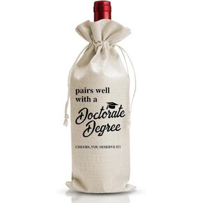 Doctorate Degree Graduation Gift Wine Bag, College Graduation Party Favors Supply, Pairs Well With Doctorate Degree, PHD Gift Bag For Best Friend Her Him Women, Reusable Linen Wine Bag