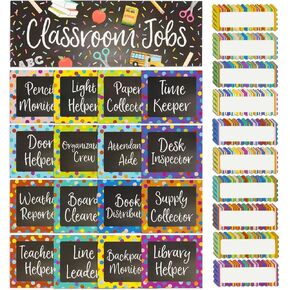 Juvale 67-Piece Bright Classroom Job Chart Set with Name Tags for Bulletin Board, Chalkboard Decorations, Teacher Supplies, Classroom Teaching Tool, Kids Education (16 Assorted Signs)