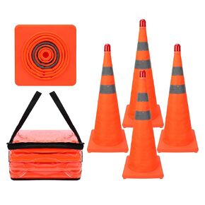 28 Inch 4 Pack Collapsible Traffic Safety Cones with LED Lights Orange Cones, Multi Purpose Pop-up Cones with Reflective Collar, for Road Parking, Driving Practice,Batteries Not Included