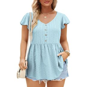DOLNINE Womens Plus-Size Tunics Petal Short Sleeve Tops Summer V Neck Button Down Eyelet Shirts