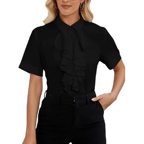Vrtige Women's Collar Neck Button Down Ruffle Front Short Sleeve Blouse Shirt Top