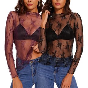 Womens Mesh Sheer Long Sleeve Layering Top 2024 Mock Neck Lace Floral See Through Shirt Blouses
