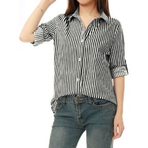 Allegra K Women's Striped Button Down Shirts 2024 Turndown Collar Roll-up Long Sleeve Shirt