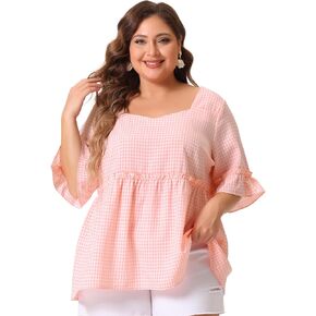Agnes Orinda Women Plus Size Tops Sweetheart Neck Ruffle Short Sleeve Plaid Blouses Babydoll 2024 Summer Tops
