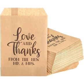 Sparkle and Bash 100 Pack Wedding Candy Bags for Guests - Love and Thanks Kraft Paper Party Favor for Treats, Buffet (5x7.5 in)