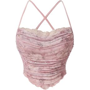 MakeMeChic Women's Casual Floral Printed Ruched Crop Cami Top Cross Backelss Slim Fitted Tops