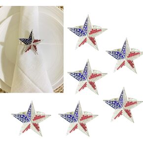 Napkin Rings Set of 6, Bling Stars Stripes Napkin Rings Holder, Patriotic Napkin Rings for 4th of July Theme Party Gathering Dinning Table Setting Decoration (Star)