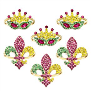 Mardi Gras Napkin Rings Glitter Fleur De Lis Mask Napkin Holder Ring Dinner Table Accessories Napkins Decorations for Holiday Party Set of 6 (Glitter Mask Crown Queen)