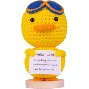 Funny Positive duck Knitting Doll, Handmade Emotional Support Crochet Duck Animal Gift Car Ornament with Wooden Base Positive Affirmation Card for Car Home Office(A)