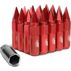 J2 Engineering LN-T7-017-125-RD 20Pcs M12 x 1.25 7075-T6 Aluminum 90mm Spiked End Lug Nut w/Socket Adapter (Red)