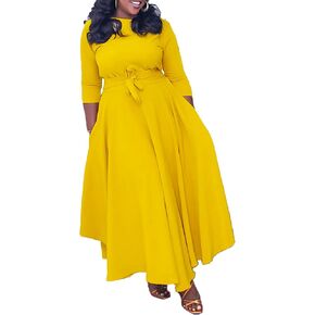 SOMTHRON Women's Casual 3/4 Sleeve Long Maxi Dress A-Line Flared Solid Wrap Tie Waist Swing Dresses