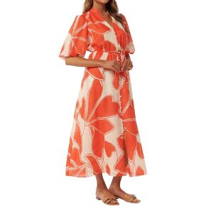 Women's Casual Floral Print Button Down Puff Sleeve Midi Dress