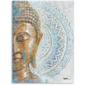 Gold Buddha Canvas Wall Art: 3D Textured Mandala Flower Blossom Buddha Painting Zen Print Picture on Blue for Yoga Meditation Room Bedroom Framed and Ready to Hang 12"x16"