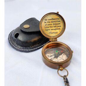 Thoreau's Go Confidently Brass Engraved Compass for Graduation, Confirmation Day, Baptism, New Year Gift, Birthday, Anniversary, Communion Religous Compass for Women Mens Boy Gift Leather case Compass