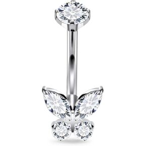 14G Astm F136 Titanium Internally Threaded Long Belly Button Ring Piercing Jewelry Butterfly Cubic Zirconia Navel Ring Stud Belly Barbell Piercing Jewelry for Women Men 10MM 12MM 14MM
