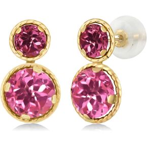 Gem Stone King 14K Yellow Gold Pink Mystic Topaz and Pink Tourmaline Earrings For Women (2.48 Cttw, Gemstone November Birthstone, Round Cut 6MM and 4MM)