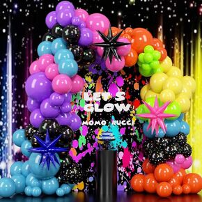 175Pcs Neon Balloons Arch Garland Kit, Glow in the Dark Balloons (Rainbow Star Dot) for Back to 80s 90s DISCO Birthday Party Decorations, Fiesta, Let's Glow Party, Rock Roll Party Supplies