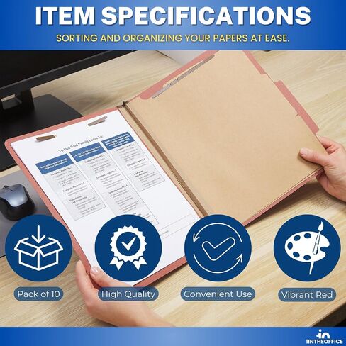 1InTheOffice Classification File Folder with Fasteners, Letter Size, 2 Dividers, 2.5" Expansion, Red, 10 Pack in Saudi Arabia
