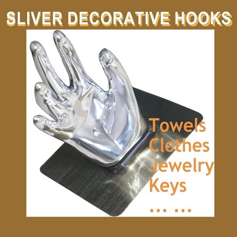 Sliver Wall Decorative Hooks 3Pack Hand Shaped Adhesive Hooks for Hanging Things Bathroom Shower Towel Hooks Behind The Door Coat Hooks Renter Friendly Wall Hooks (Sliver) in Saudi Arabia