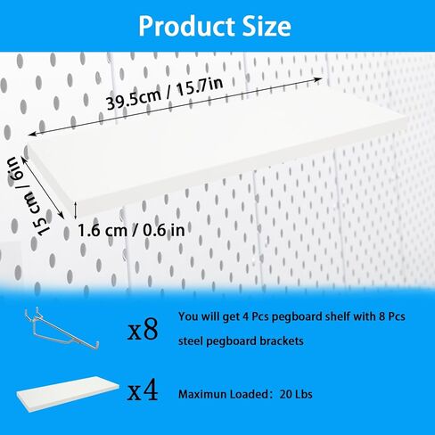4 عبوات من أرفف بيجبورد بيضاء، أرفف بيجبورد خشبية مع دعامات، رف تخزين منظم للوحة الوتد، أرفف إكسسوارات بيجبورد للمنزل، المطبخ، المكتب، تخزين الحائط in Kuwait