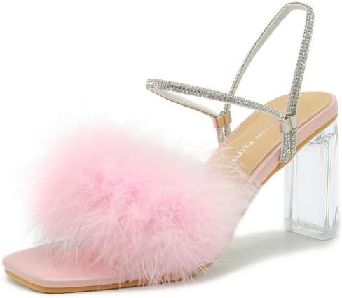 Womens Fluffy Heel Sandals Summer Dressy Square Toe Clear Chunky High Heel Fuzzy Mules Rhinestone Strap Feather Furry Heels Wedding Evening Prom Party Shoes in Saudi Arabia