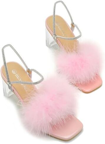 Womens Fluffy Heel Sandals Summer Dressy Square Toe Clear Chunky High Heel Fuzzy Mules Rhinestone Strap Feather Furry Heels Wedding Evening Prom Party Shoes in Saudi Arabia
