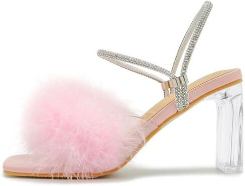 Womens Fluffy Heel Sandals Summer Dressy Square Toe Clear Chunky High Heel Fuzzy Mules Rhinestone Strap Feather Furry Heels Wedding Evening Prom Party Shoes in Saudi Arabia